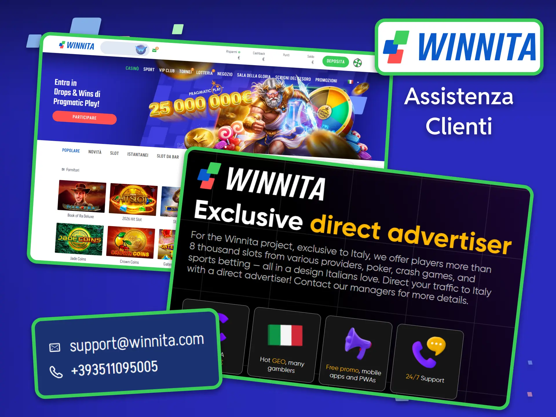 Se hai domande sui link di tracciamento o sui report finanziari, contatta l'assistenza clienti per gli affiliati Winnita.