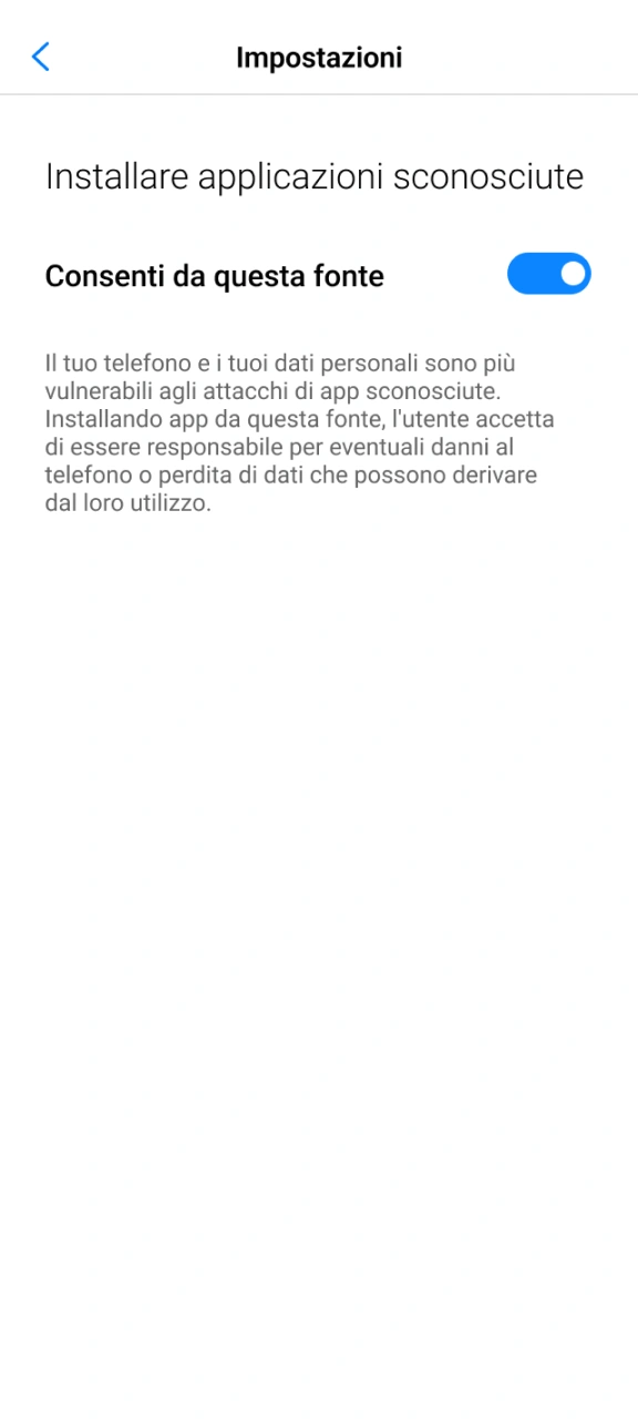 Consenti l'installazione da origini sconosciute per ottenere l'app Winnita.