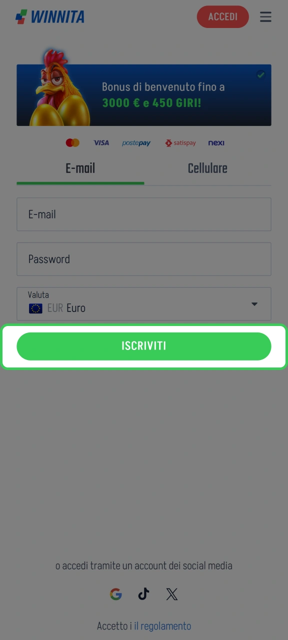 Conferma la registrazione sul sito web di Winnita.