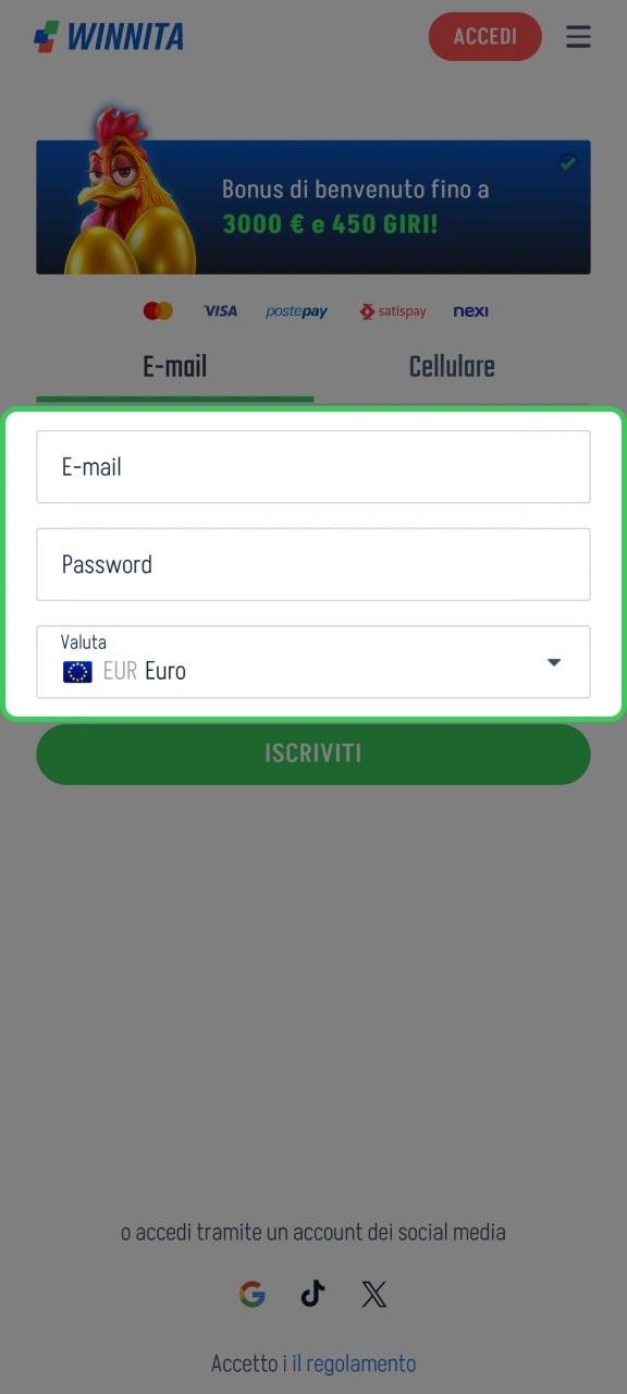 Inserisci i tuoi dati per la registrazione a Winnita.