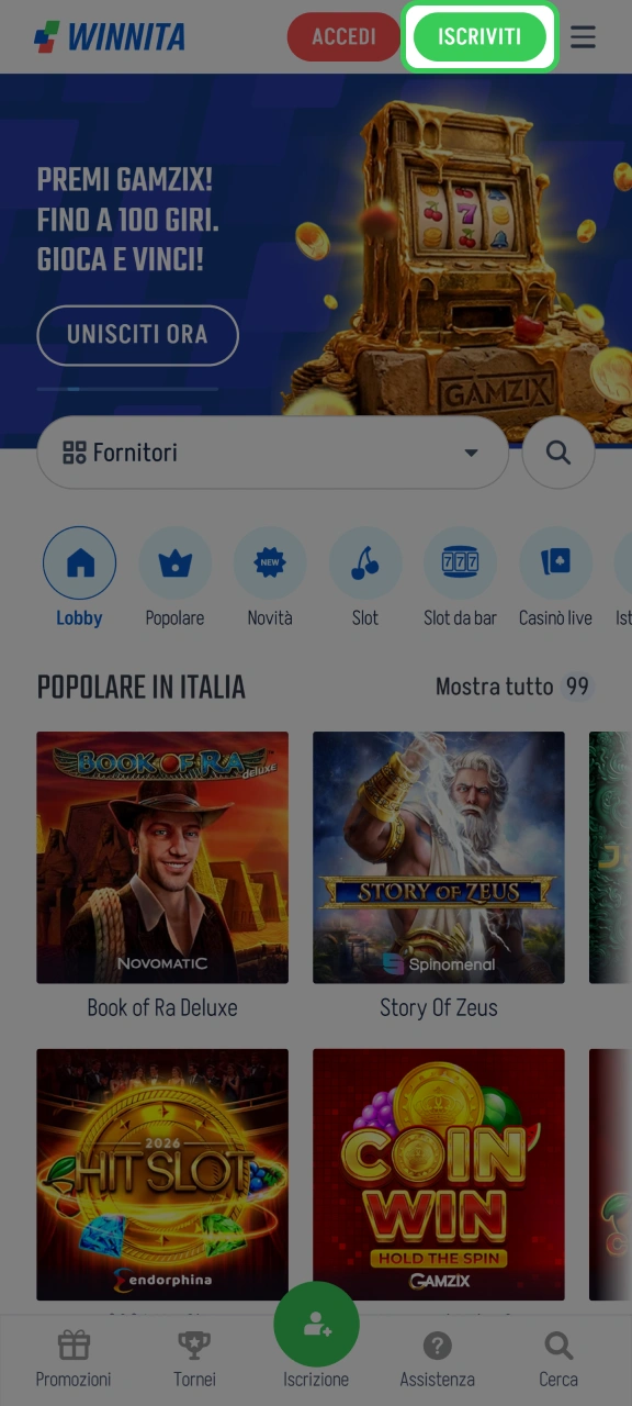 Clicca sul pulsante di registrazione per iscriverti a Winnita.