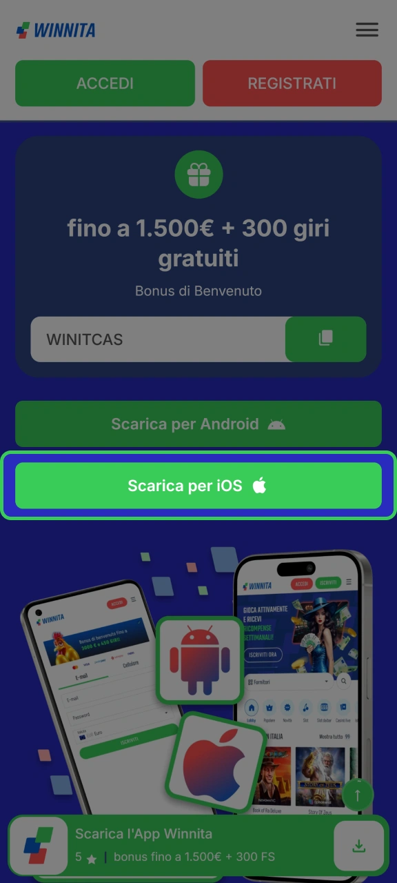 Fai clic sul pulsante Winnita per iOS per ottenere le istruzioni per l'app.