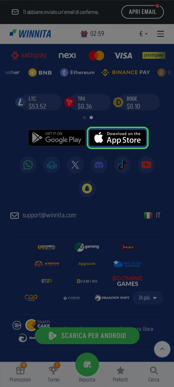 Troverete il pulsante Scarica per iOS sul sito web di Winnita.