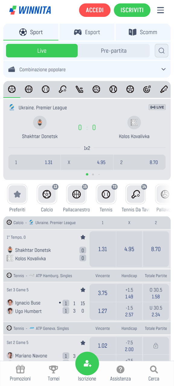 Scommetti sulle tue squadre sportive preferite direttamente sull'app Winnita.