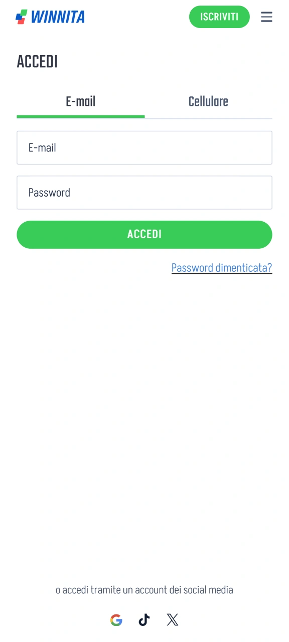 Accedi al tuo account Winnita utilizzando le tue credenziali.