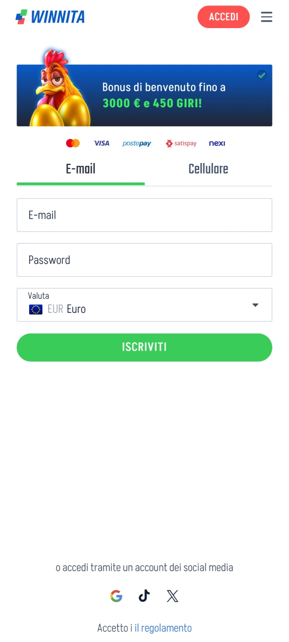 Completa la registrazione rapida sulla piattaforma ufficiale di Winnita.