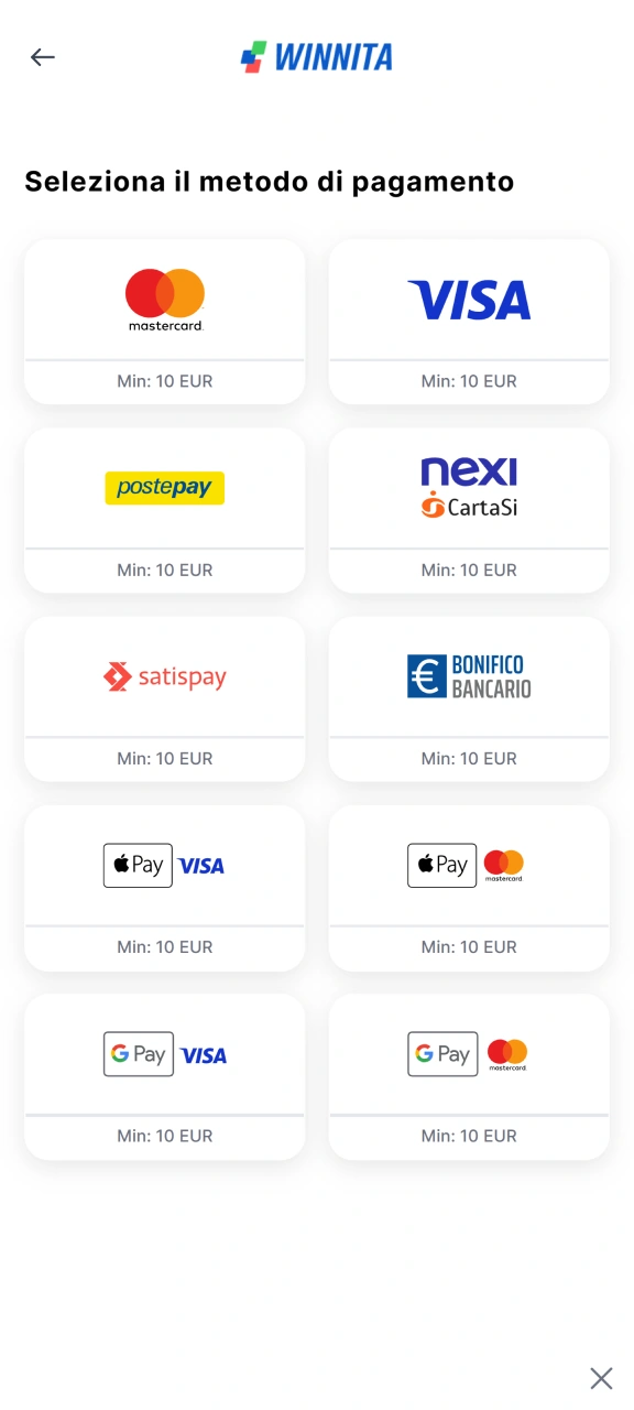 Effettua il tuo deposito sul conto Winnita.