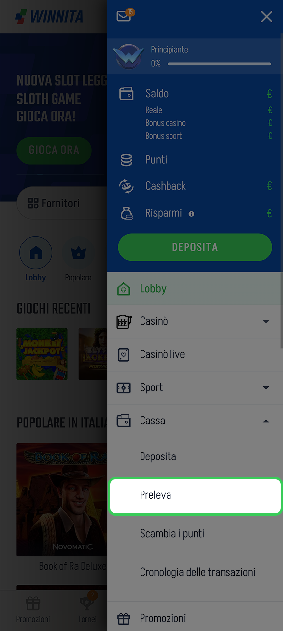 Accedi alla pagina di prelievo sul sito web di Winnita.