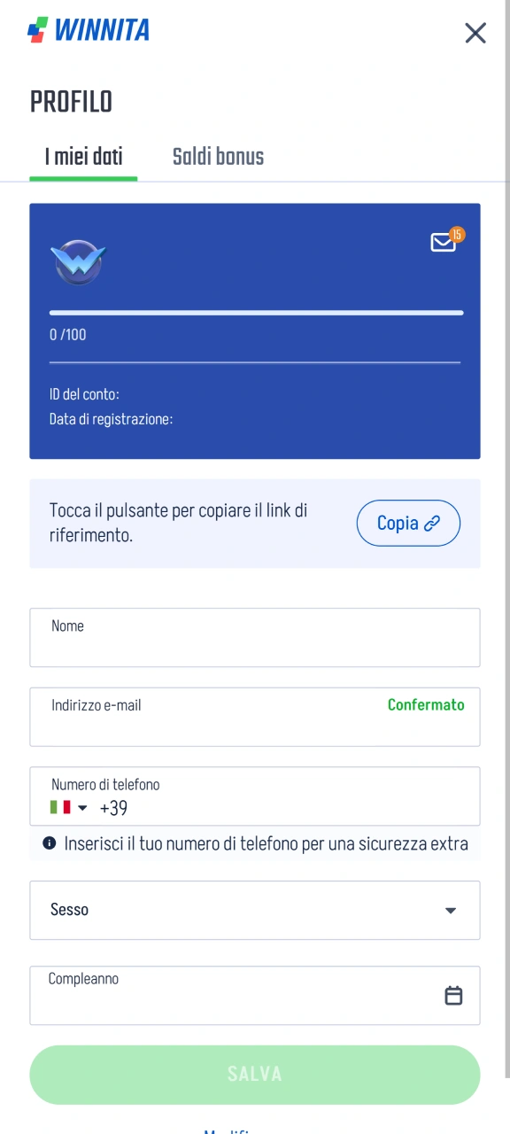 Verifica il tuo account Winnita per prelevare facilmente le vincite.