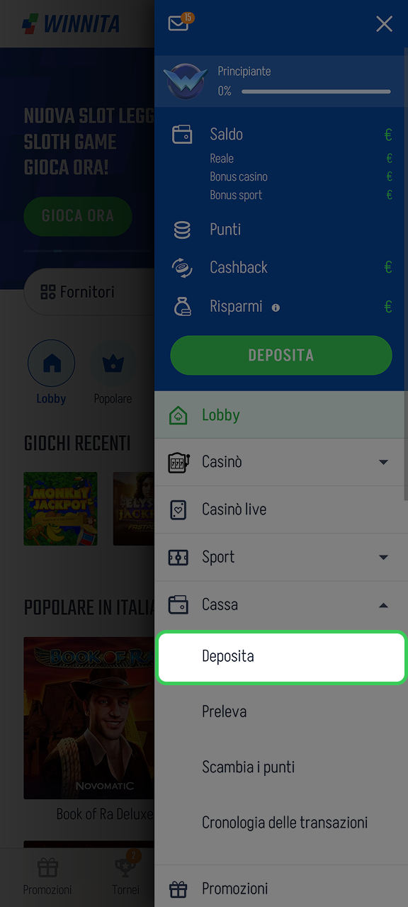 Accedi alla pagina di deposito sulla piattaforma Winnita.