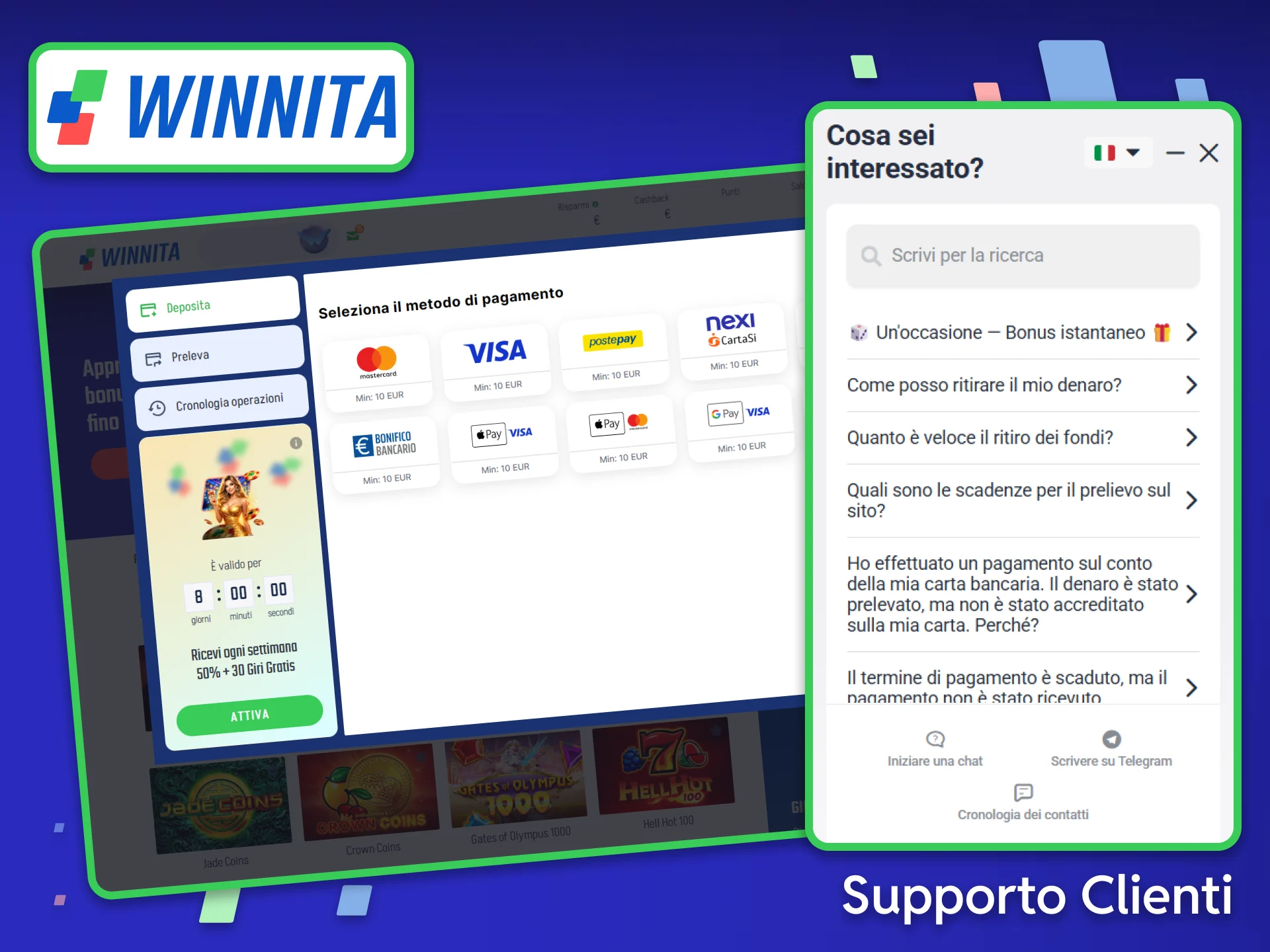 In caso di problemi durante le operazioni di deposito o prelievo, contatta l'assistenza clienti di Winnita.