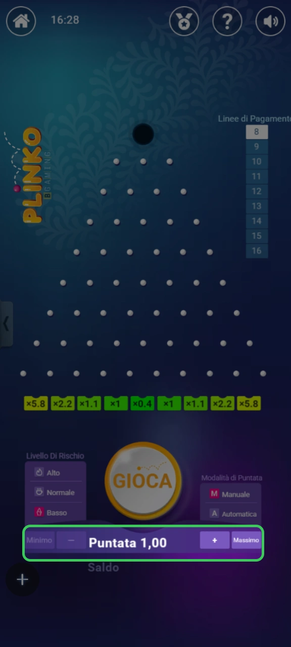 Piazza una scommessa al gioco Plinko del casinò Winnita.
