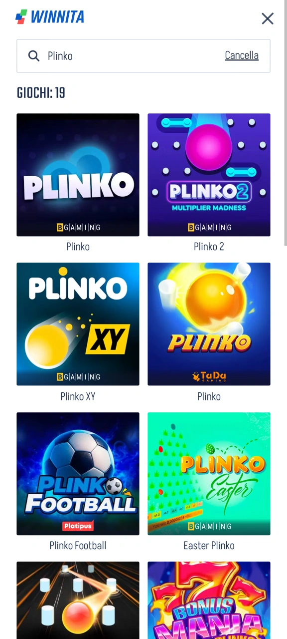 Cerca Plinko nella sezione casinò di Winnita.