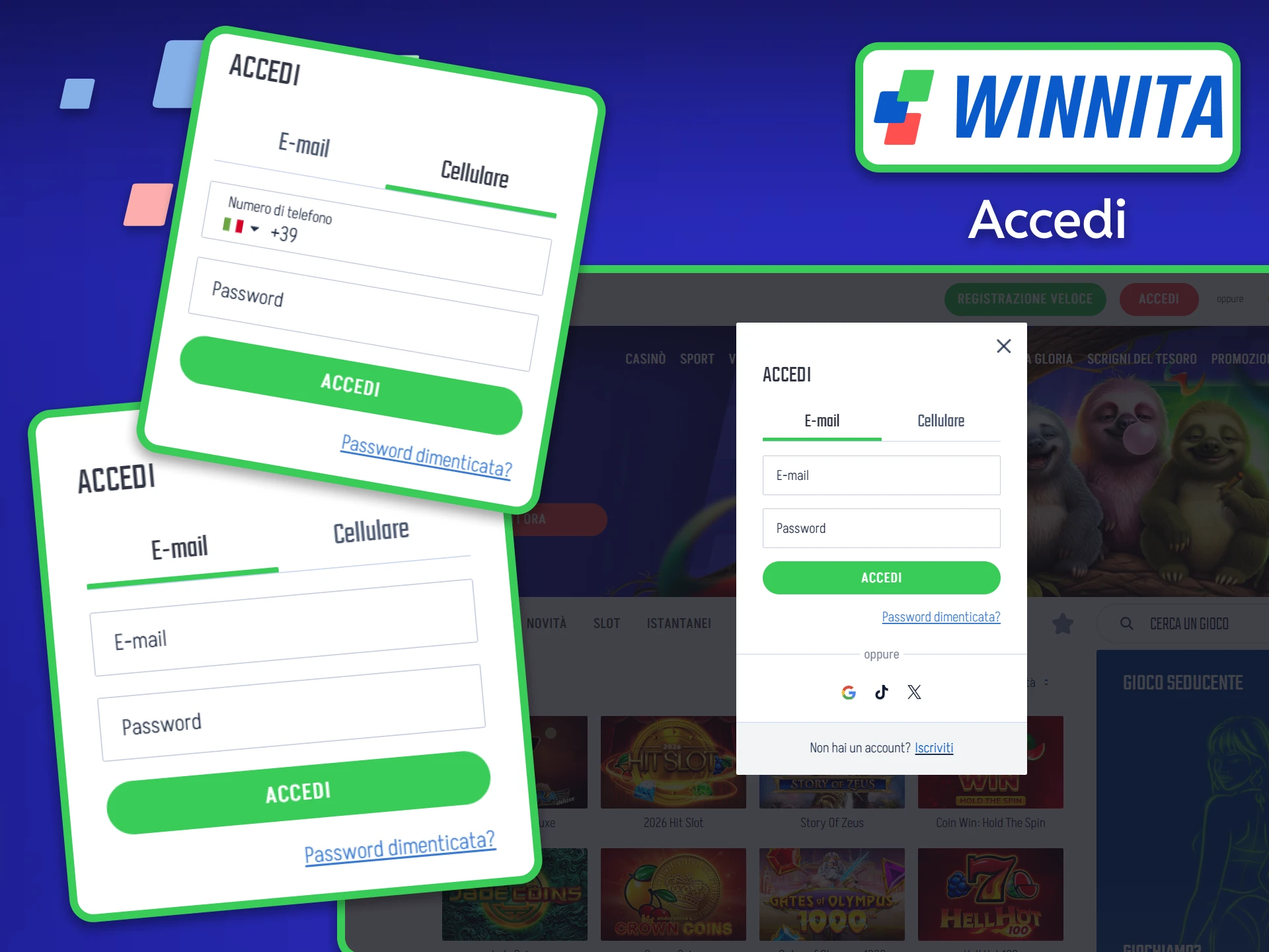 Segui le istruzioni per accedere al tuo account Winnita inserendo le tue credenziali da qualsiasi browser.