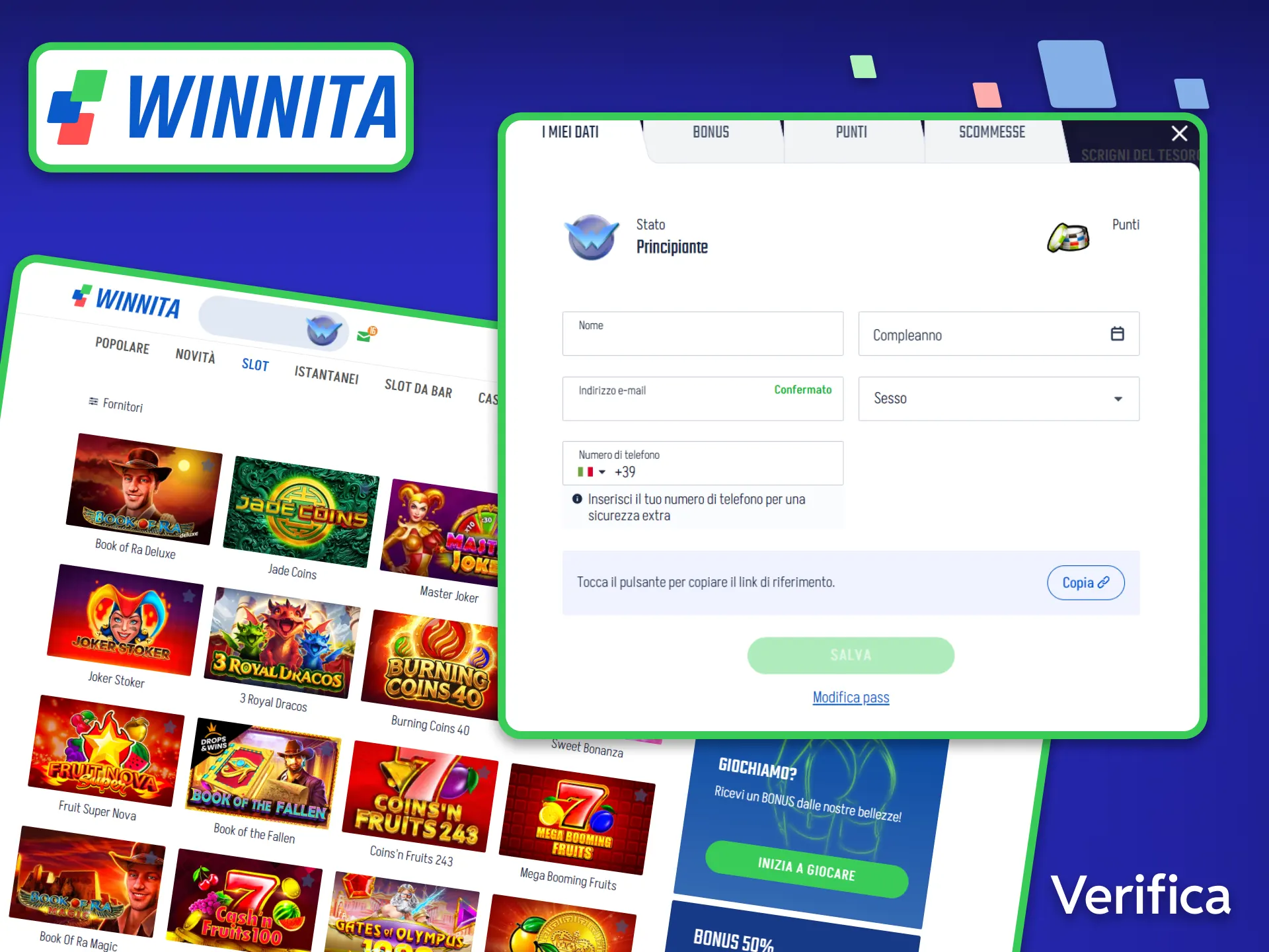 Completa la procedura di verifica dell'account Winnita inviando i documenti richiesti per poter prelevare rapidamente le tue vincite.