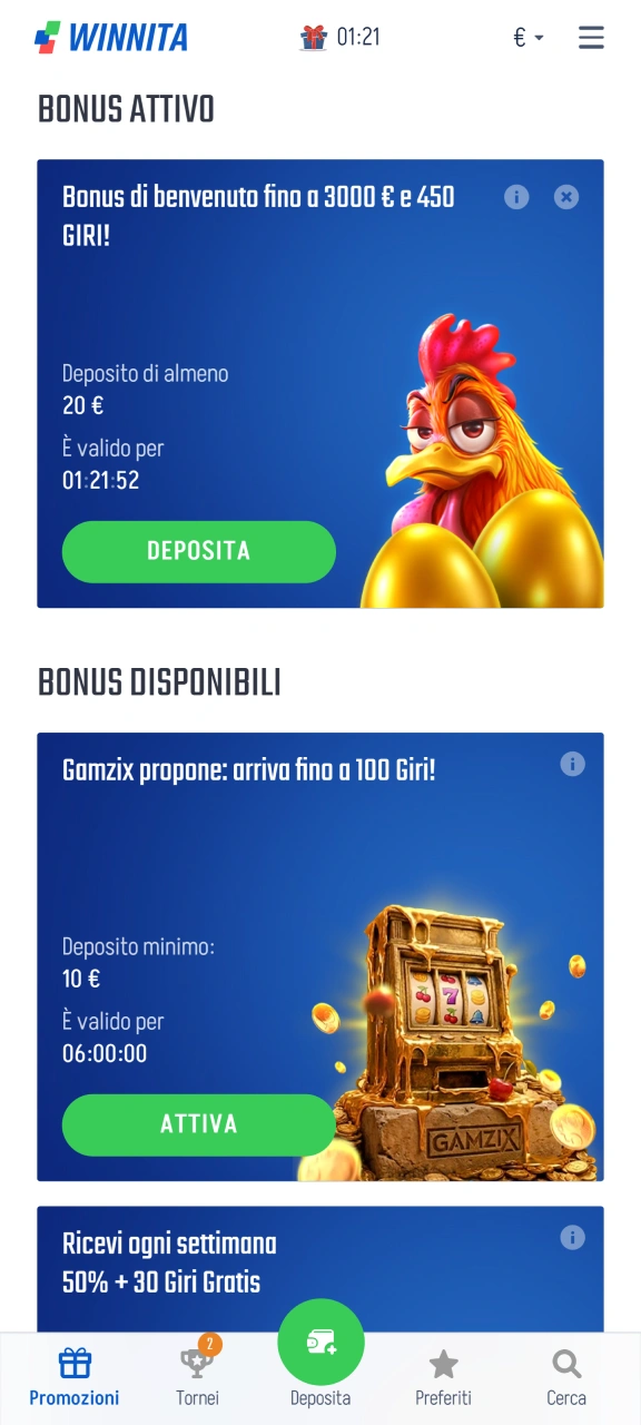 Attiva il tuo bonus di benvenuto sulla piattaforma Winnita.